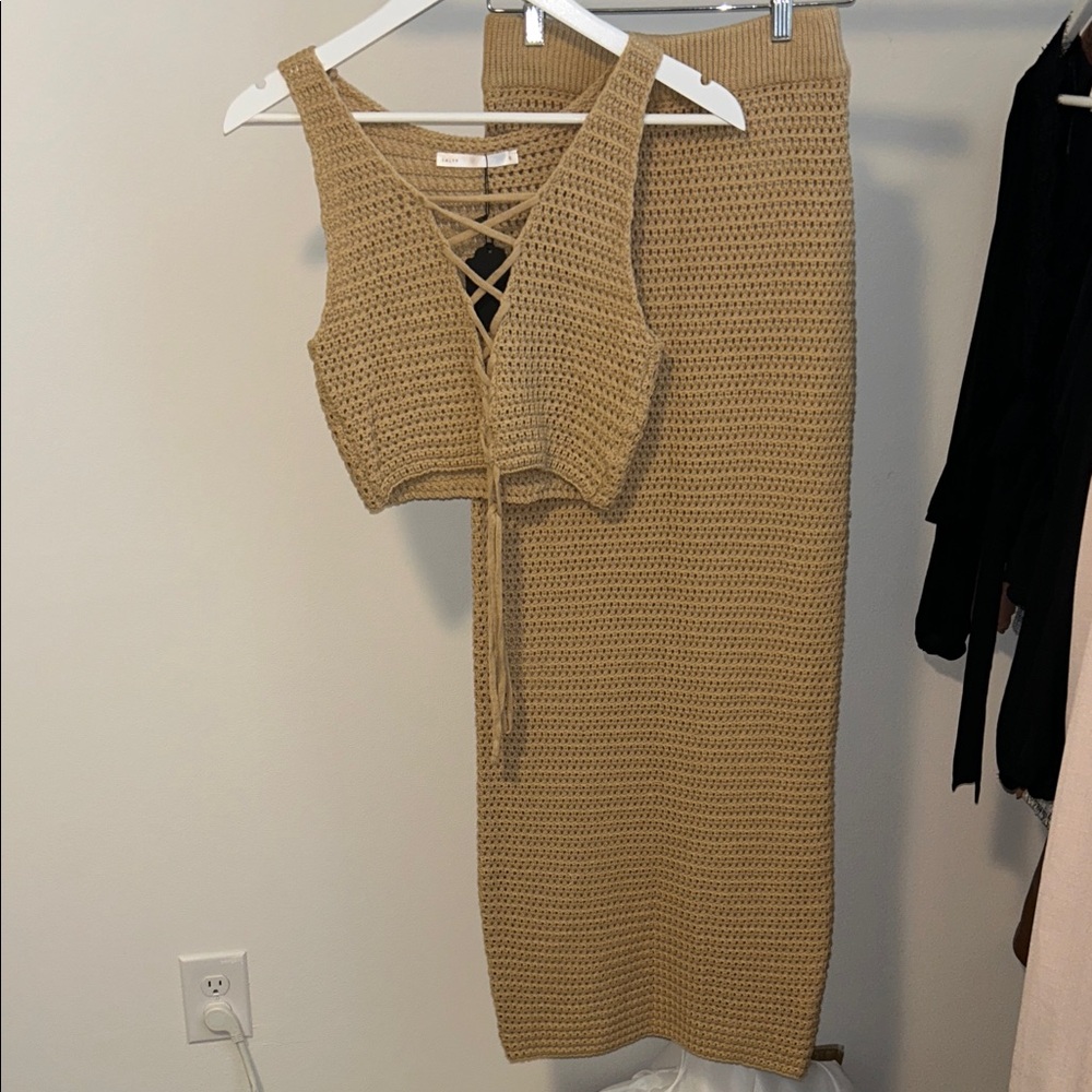 Tan Crochet Knit Skirt Set